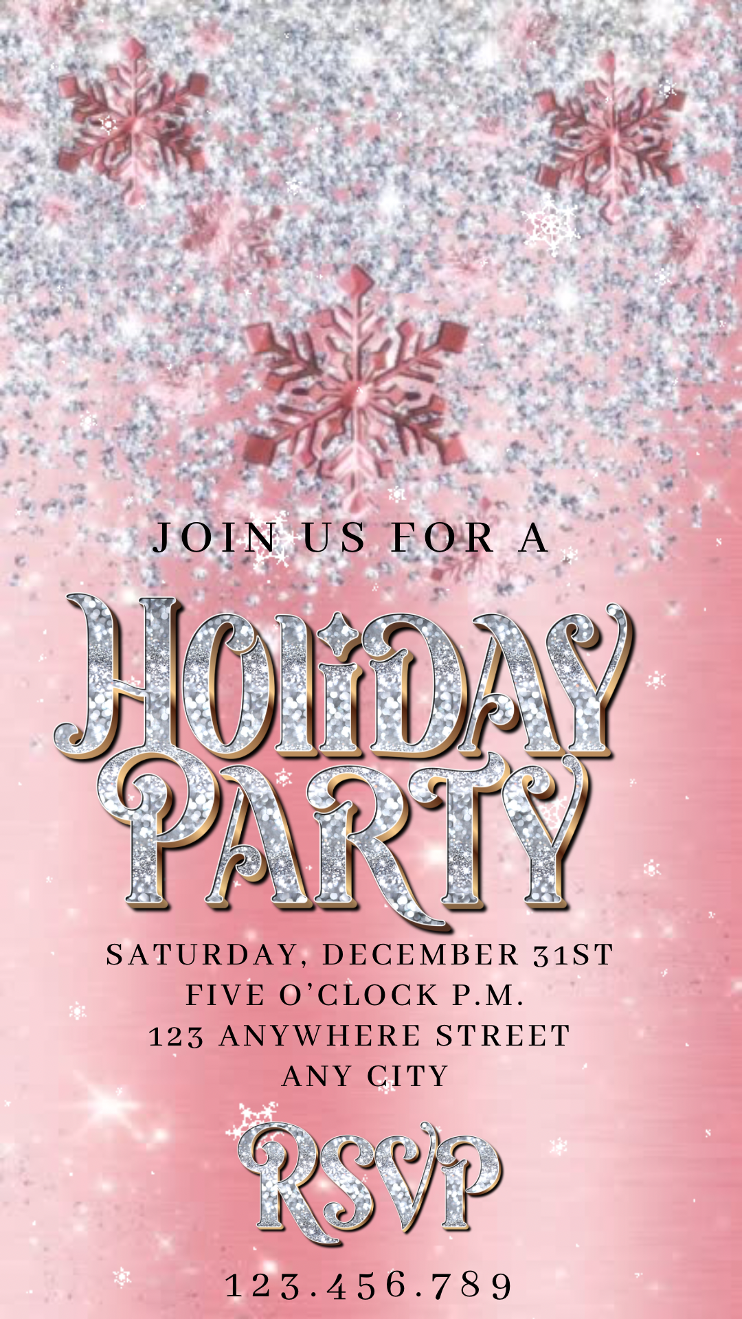 Editable Pink Holiday Party video invitation featuring sparkling silver glitter, elegant snowflakes, and a glamorous pink background. Perfect for Christmas gatherings, office parties, or New Year’s Eve celebrations. Mobile-friendly 1080x1920 Canva template with music, customizable text, and instant digital download. Easy to share via text, email, WhatsApp, or social media.
