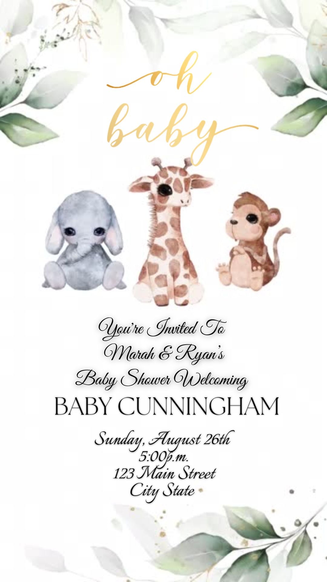 Editable safari baby shower baby shower video invitation displayed on a mobile phone, featuring an animated vertical digital invite with music, created in Canva. This premium video invitation template is designed for sharing by text, email, and social media and works with an interactive RSVP website for easy guest response tracking.