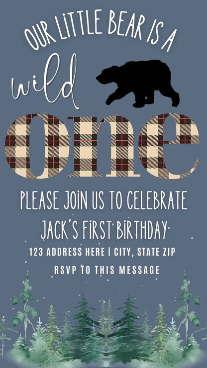 Editable wild one bear birthday birthday video invitation displayed on a mobile phone, featuring an animated vertical digital invite with music, created in Canva. This premium video invitation template is designed for sharing by text, email, and social media and works with an interactive RSVP website for easy guest response tracking.