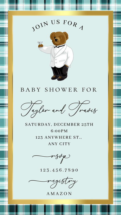 Polo Bear Baby Shower Video Invitation | Digital Tiffany Blue Plaid Invite | Editable Canva Template