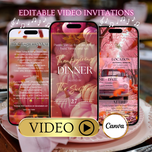 Editable Thanksgiving Video Invitation, Animated Pink Friendsgiving Digital Evite