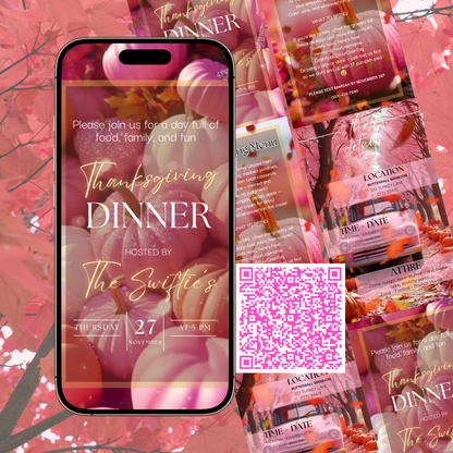 Editable Thanksgiving Video Invitation, Animated Pink Friendsgiving Digital Evite