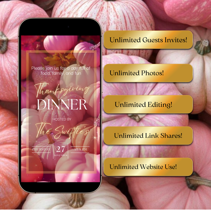 Editable Thanksgiving Video Invitation, Animated Pink Friendsgiving Digital Evite