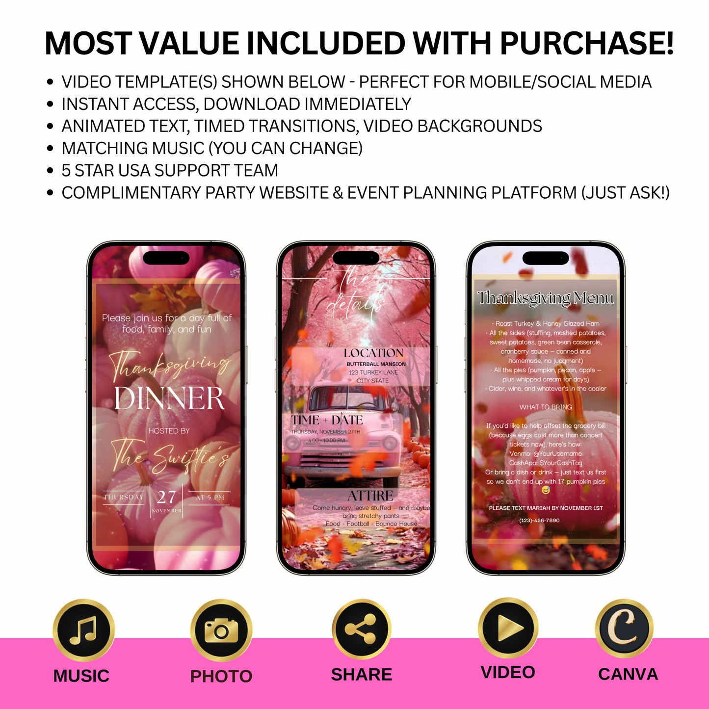 Editable Thanksgiving Video Invitation, Animated Pink Friendsgiving Digital Evite