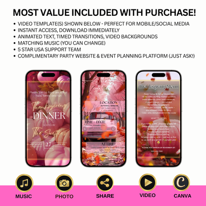 Editable Thanksgiving Video Invitation, Animated Pink Friendsgiving Digital Evite