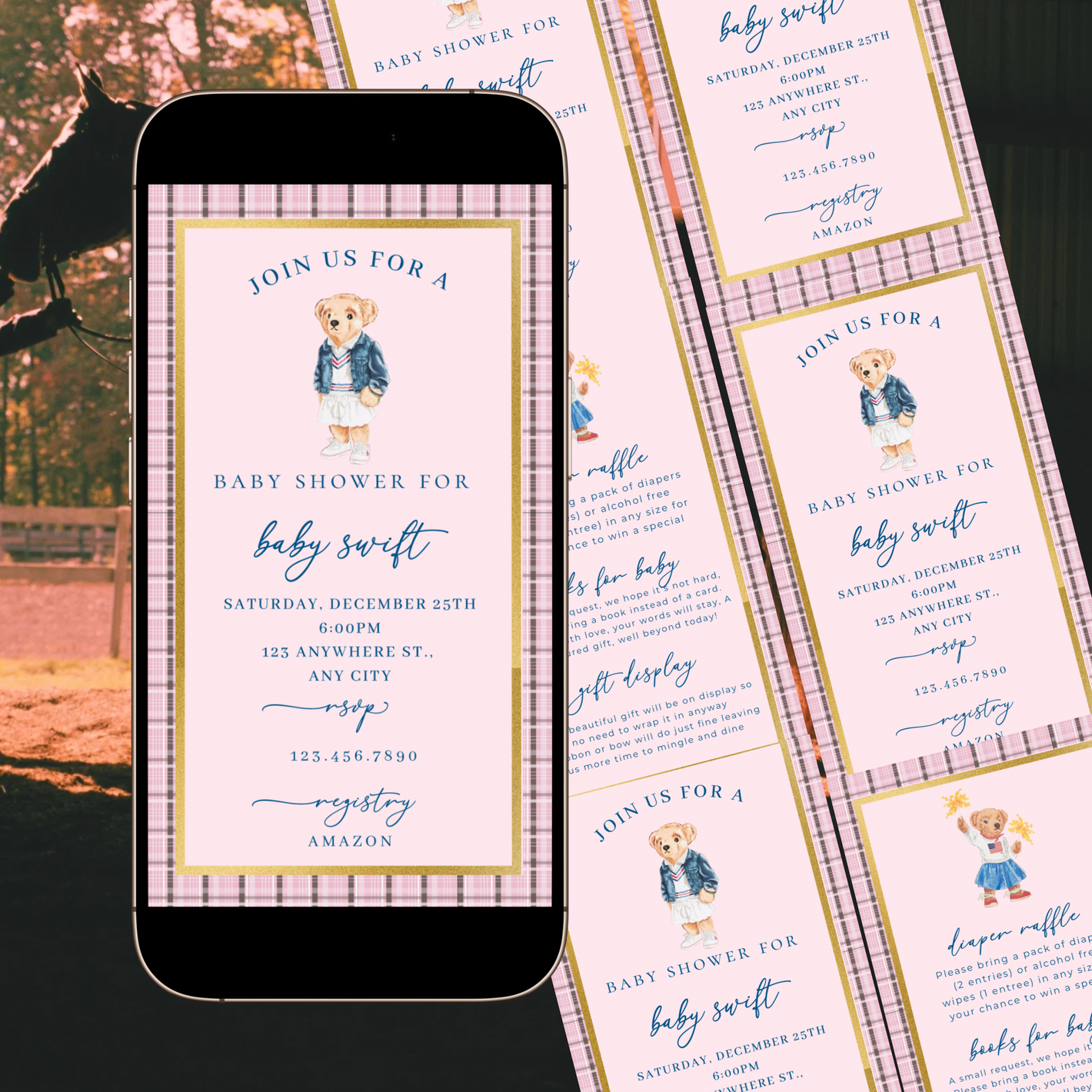 Editable pink Ralph Lauren–inspired baby shower video invitation with music and RSVP. Features plaid border, gold frame, and teddy bear wearing classic Polo-style outfit. Fully customizable Canva template sized 1080x1920 for mobile sharing. Perfect for luxury baby showers, preppy themes, or pink girl celebrations. Easily edit event details and send via text, email, or social media.