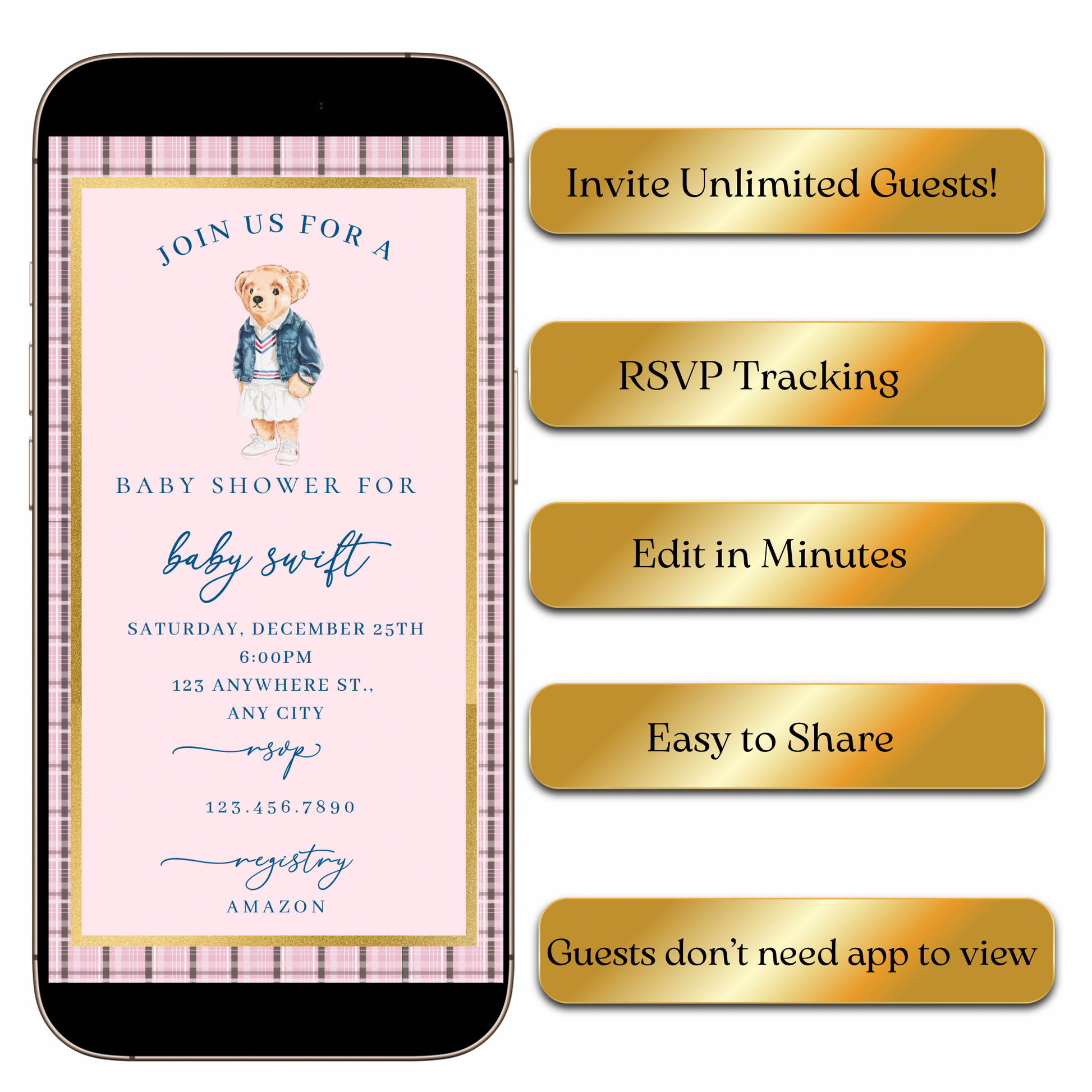Editable pink Ralph Lauren–inspired baby shower video invitation with music and RSVP. Features plaid border, gold frame, and teddy bear wearing classic Polo-style outfit. Fully customizable Canva template sized 1080x1920 for mobile sharing. Perfect for luxury baby showers, preppy themes, or pink girl celebrations. Easily edit event details and send via text, email, or social media.