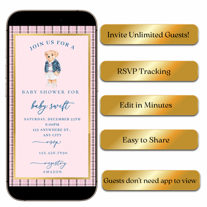 Editable pink Ralph Lauren–inspired baby shower video invitation with music and RSVP. Features plaid border, gold frame, and teddy bear wearing classic Polo-style outfit. Fully customizable Canva template sized 1080x1920 for mobile sharing. Perfect for luxury baby showers, preppy themes, or pink girl celebrations. Easily edit event details and send via text, email, or social media.