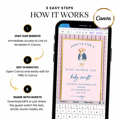 Pink Ralph Lauren Polo Video Invitation | Digital Classic Pink and Gold Baby Shower Invite | Editable Online Teddy Bear Mobile Evite