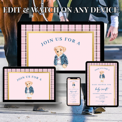 Editable pink Ralph Lauren–inspired baby shower video invitation with music and RSVP. Features plaid border, gold frame, and teddy bear wearing classic Polo-style outfit. Fully customizable Canva template sized 1080x1920 for mobile sharing. Perfect for luxury baby showers, preppy themes, or pink girl celebrations. Easily edit event details and send via text, email, or social media.