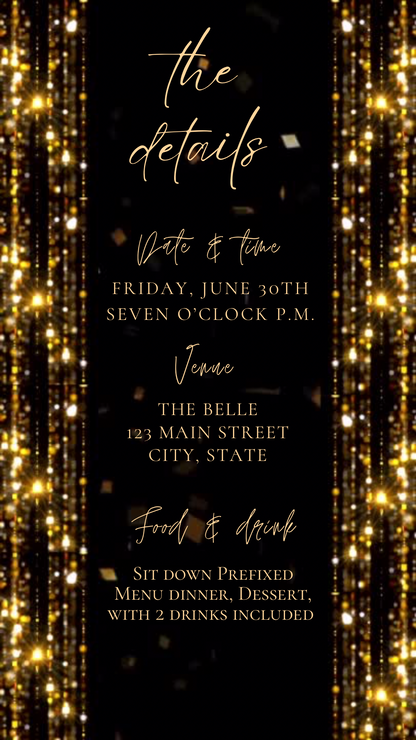 Gold Birthday Dinner Video Invitation | Digital Luxe Birthday Mobile Invite | Editable Animated Gold Glitter