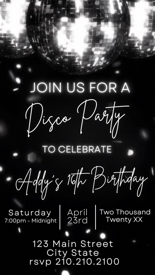 Silver Disco Glam Video Invitation | Digital Disco Mobile Invite | Editable Online Template
