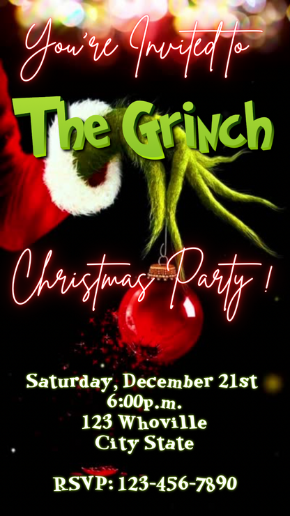 The Grinch Video Invitation | Digital Christmas Invite | Editable Canva Template