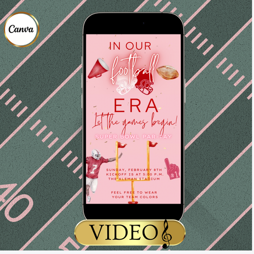 Pink Super Bowl Video Invitation | Digital Football Era Invite | Editable Canva Template