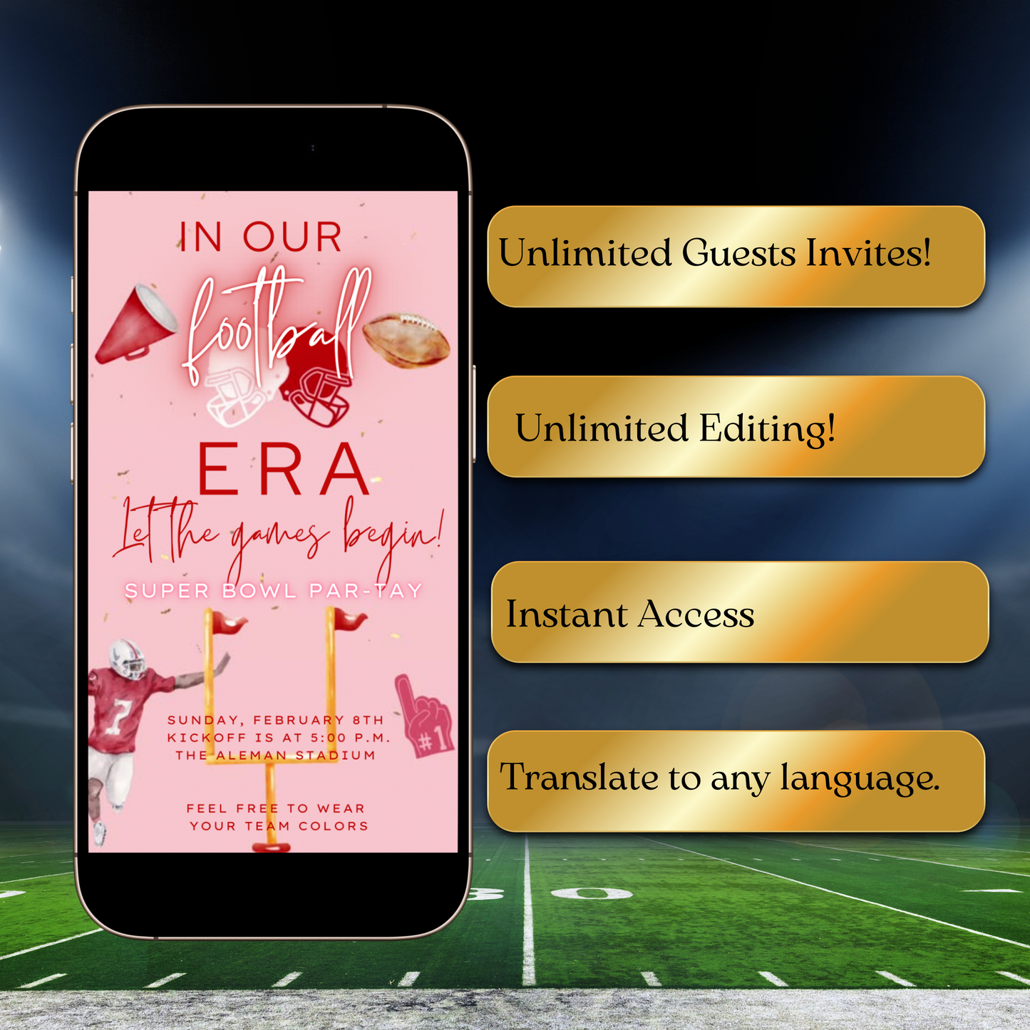 Pink Super Bowl Video Invitation | Digital Football Era Invite | Editable Canva Template