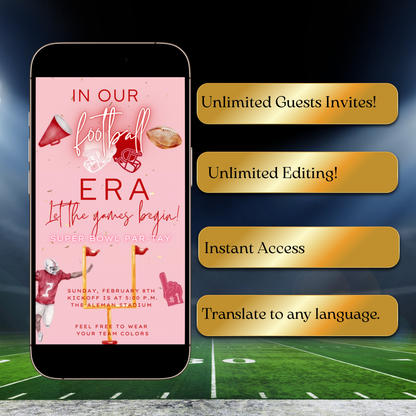 Pink Super Bowl Video Invitation | Digital Football Era Invite | Editable Canva Template