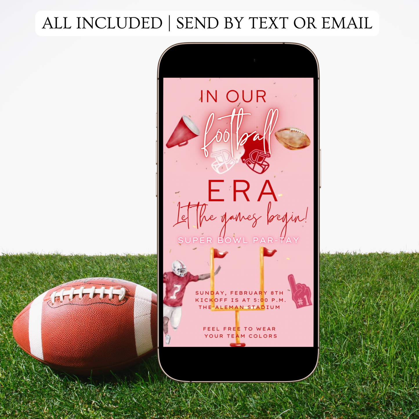 Pink Super Bowl Video Invitation | Digital Football Era Invite | Editable Canva Template