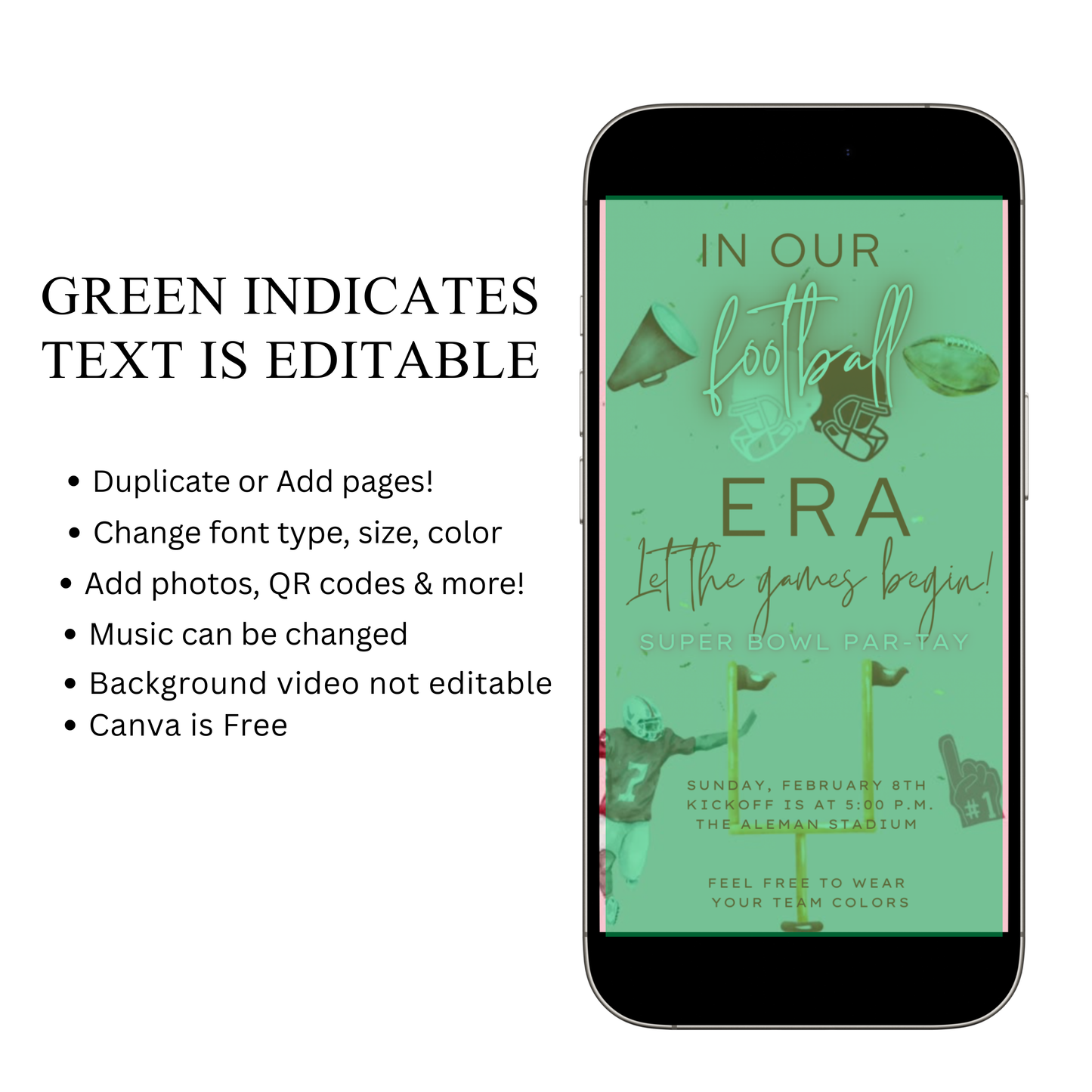 Pink Super Bowl Video Invitation | Digital Football Era Invite | Editable Canva Template