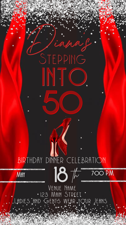 Stepping Into My Birthday Video Invite | Red Heel Birthday Digital Evite | Editable Canva Invite Template