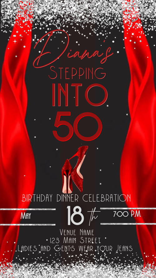 Stepping Into My Birthday Video Invite | Red Heel Birthday Digital Evite | Editable Canva Invite Template