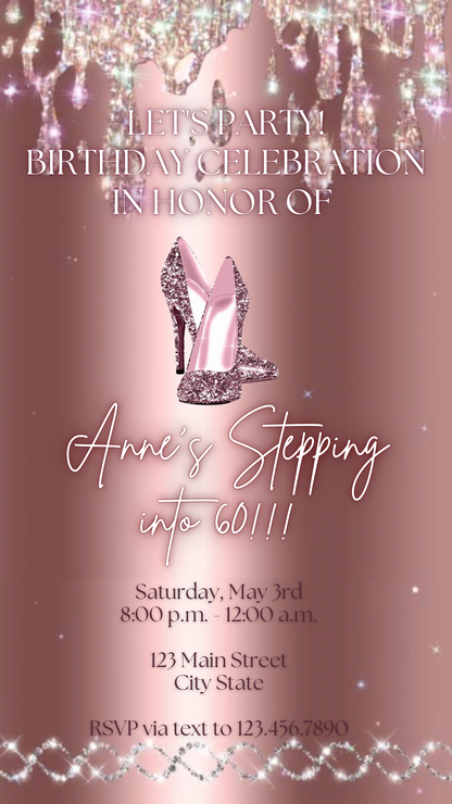 Stepping Into My Birthday Video Invite | Rose Gold Heel Digital Evite | Editable Canva Invite Template