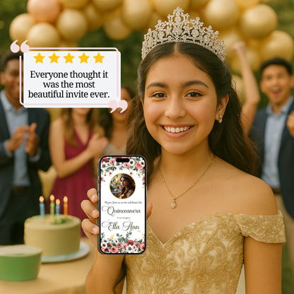 Blush Floral Quinceanera Video Invite Animated Sweet 15 Quince Mobile Evite with RSVP tracking