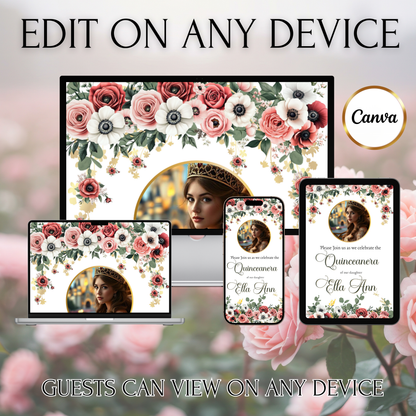 Blush Floral Quinceanera Video Invite Animated Sweet 15 Quince Mobile Evite with RSVP tracking