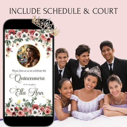 Blush Floral Quinceanera Video Invite Animated Sweet 15 Quince Mobile Evite with RSVP tracking