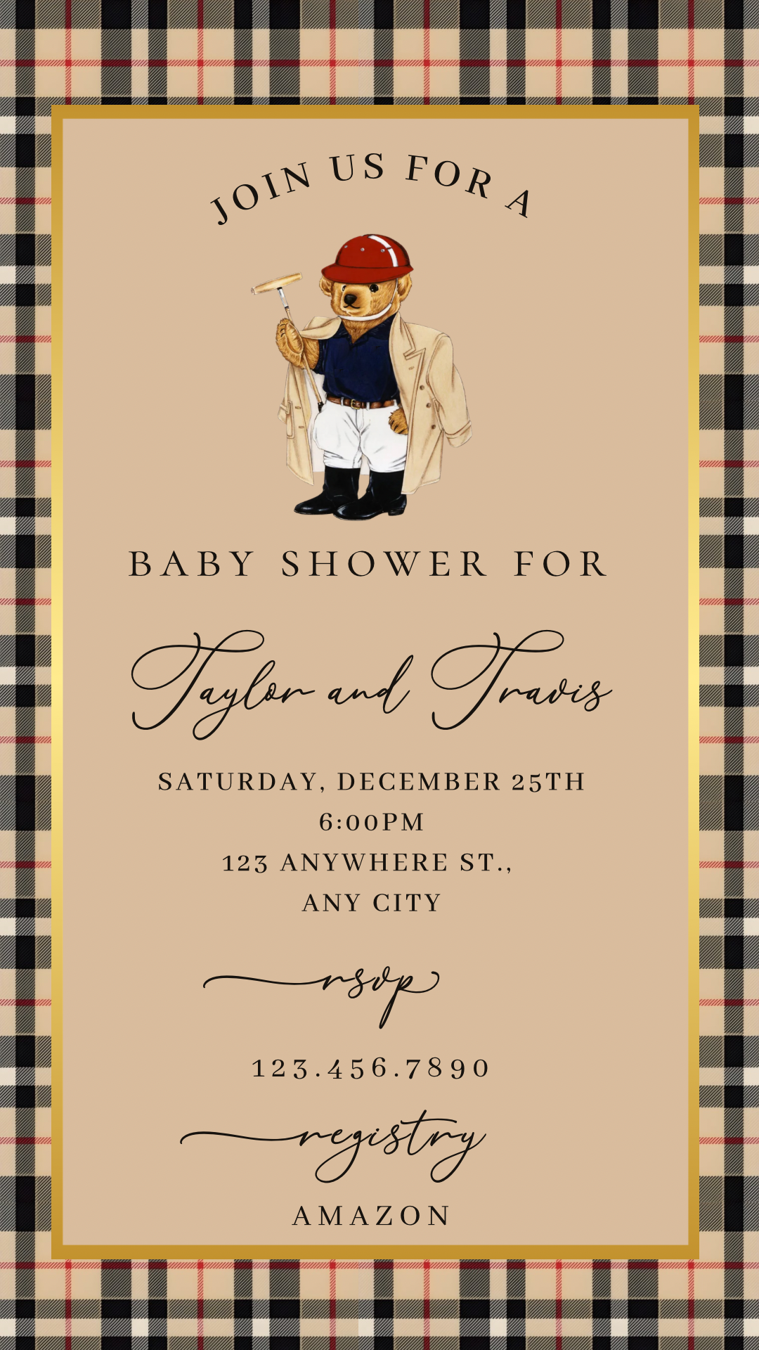 Polo Bear Baby Shower Video Invitation | Digital Burberry Plaid Invite | Editable Canva Template