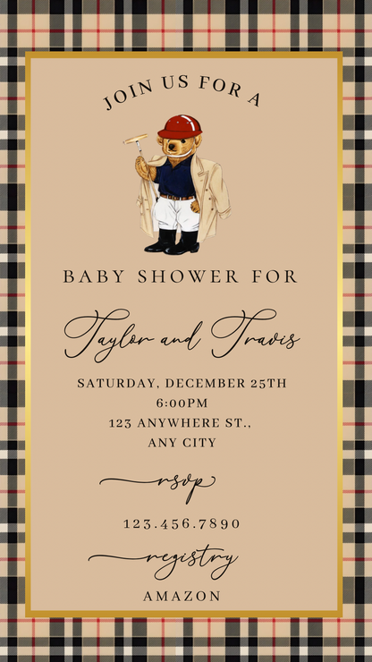 Polo Bear Baby Shower Video Invitation | Digital Burberry Plaid Invite | Editable Canva Template