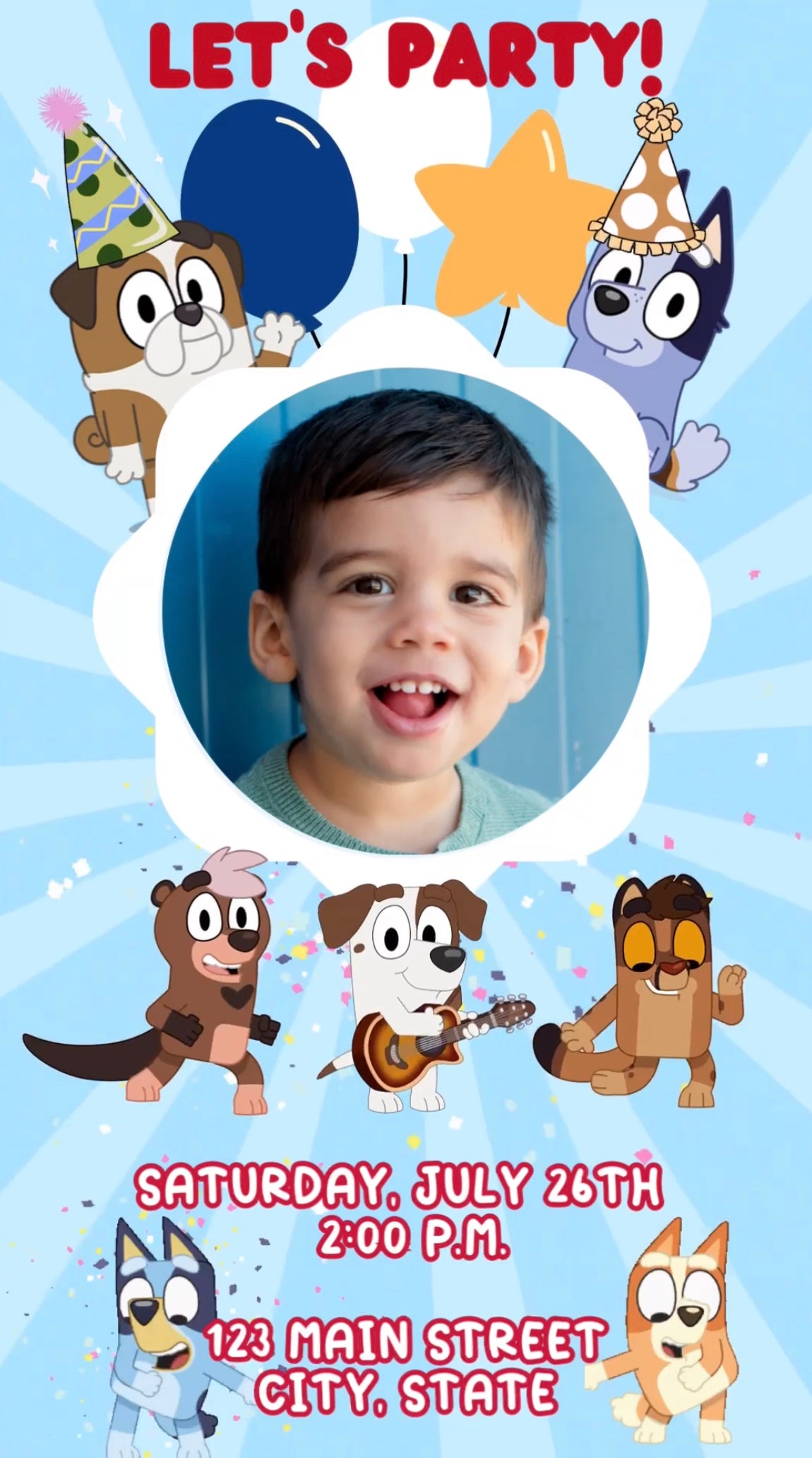 Editable Bluey-themed birthday invitation for 5-year-old featuring text “This Episode is Called Jaxson’s 5th Birthday” with Bluey, Bingo, and party balloons.Fun party invite with Bluey characters and photo placeholder for birthday child. Includes date, time, and party address with festive cartoon animals.Bluey family dancing under confetti with RSVP info and bold “See You There!” text. Perfect digital evite for Bluey birthday celebration.