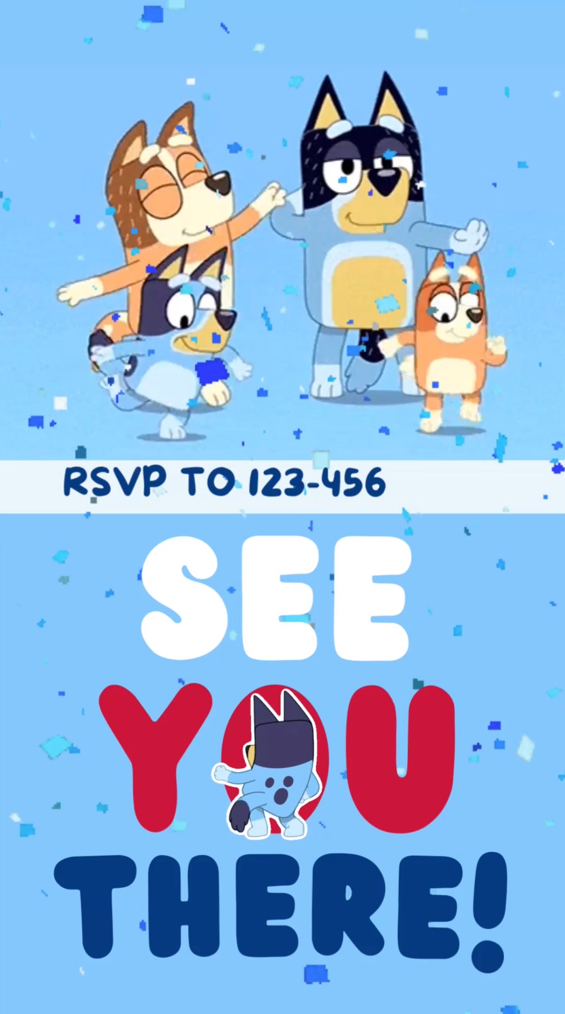 Invitation card with bluey cartoon characters and text on a blue background