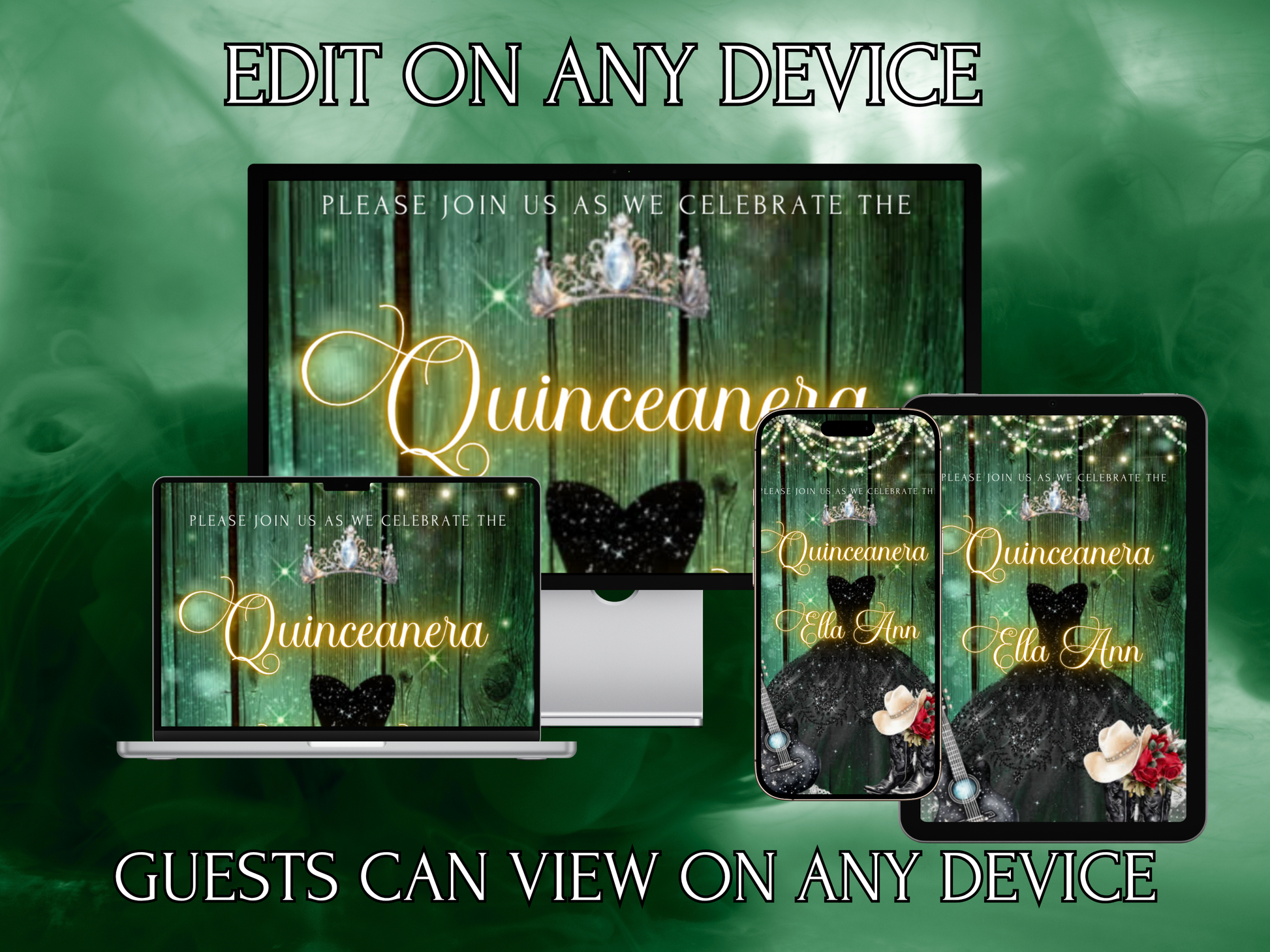 Editable Quinceañera Invitation Video Template – Elegant Sweet 15 with Black Gown, Rose Accents, Tiara and Green Barn Wood Background | Canva MP4 Digital Download for Mobile Sharing
