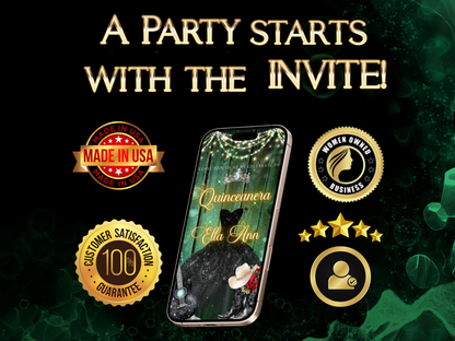 Editable Quinceañera Invitation Video Template – Elegant Sweet 15 with Black Gown, Rose Accents, Tiara and Green Barn Wood Background | Canva MP4 Digital Download for Mobile Sharing
