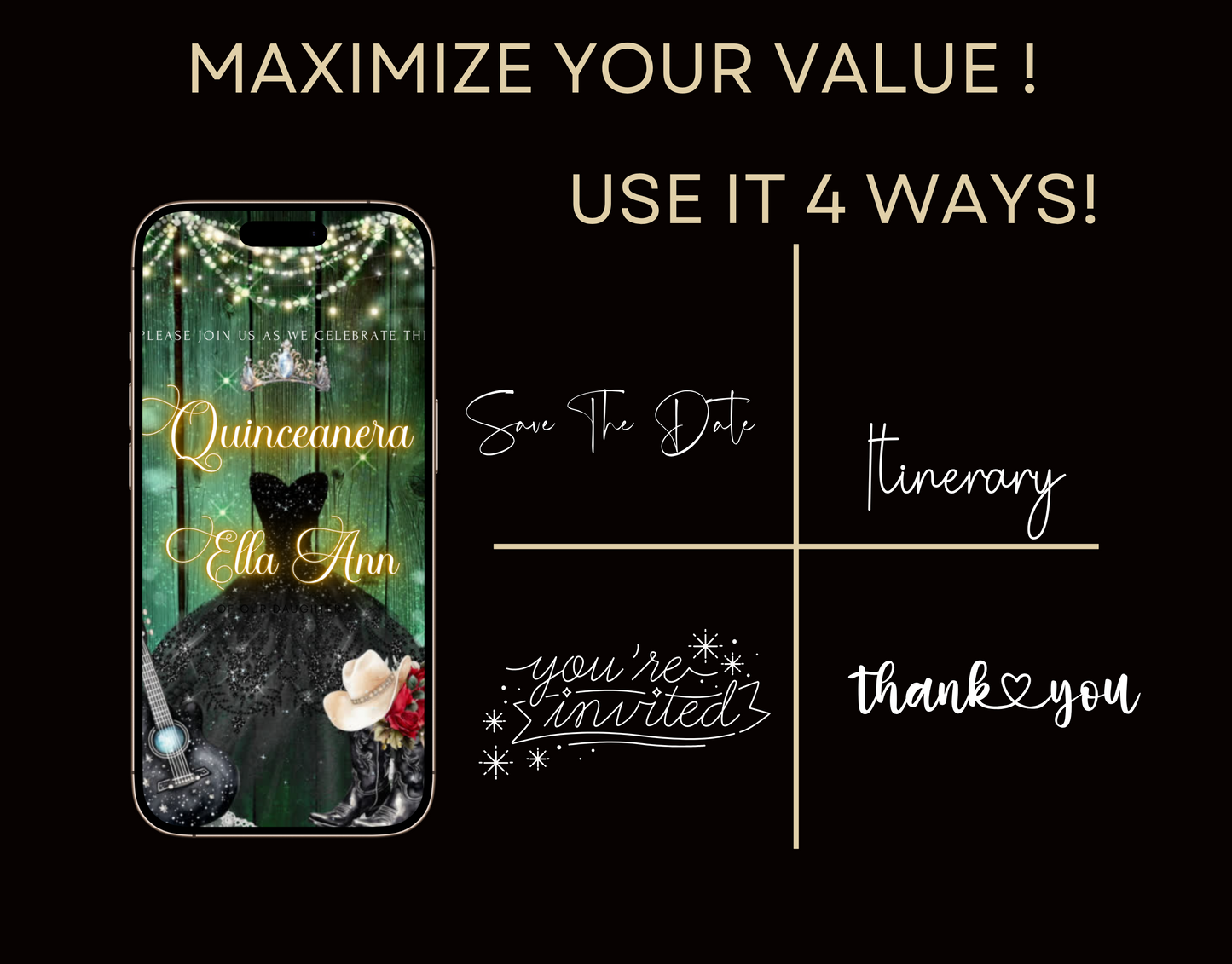 Editable Quinceañera Invitation Video Template – Elegant Sweet 15 with Black Gown, Rose Accents, Tiara and Green Barn Wood Background | Canva MP4 Digital Download for Mobile Sharing
