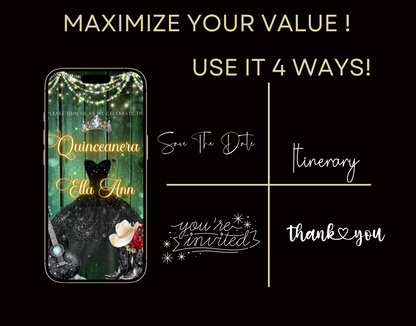 Editable Quinceañera Invitation Video Template – Elegant Sweet 15 with Black Gown, Rose Accents, Tiara and Green Barn Wood Background | Canva MP4 Digital Download for Mobile Sharing
