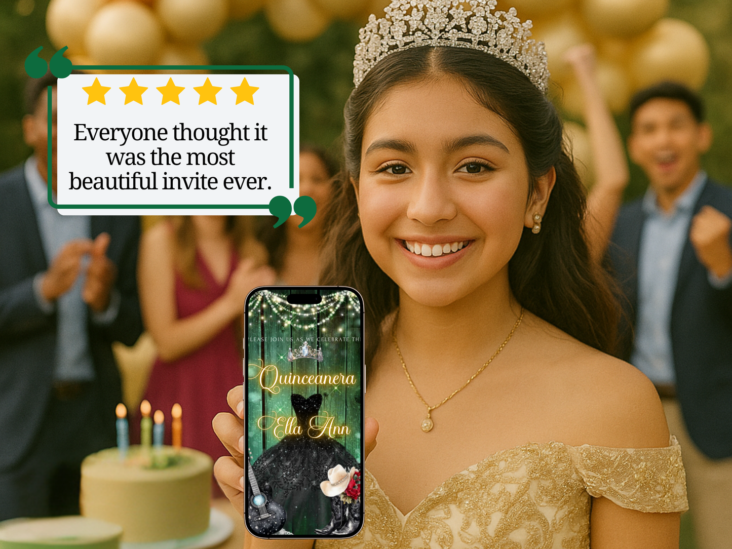 Editable Quinceañera Invitation Video Template – Elegant Sweet 15 with Black Gown, Rose Accents, Tiara and Green Barn Wood Background | Canva MP4 Digital Download for Mobile Sharing

