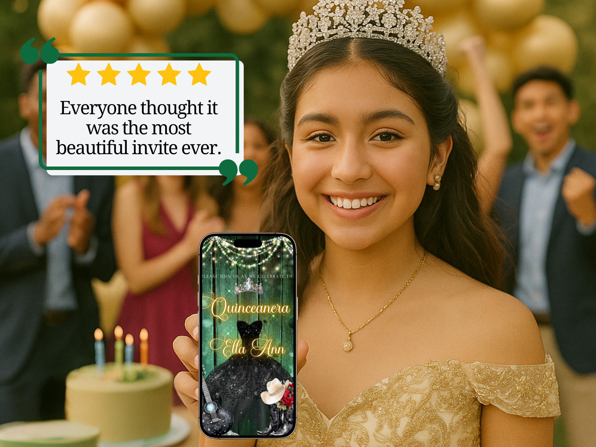 Editable Quinceañera Invitation Video Template – Elegant Sweet 15 with Black Gown, Rose Accents, Tiara and Green Barn Wood Background | Canva MP4 Digital Download for Mobile Sharing
