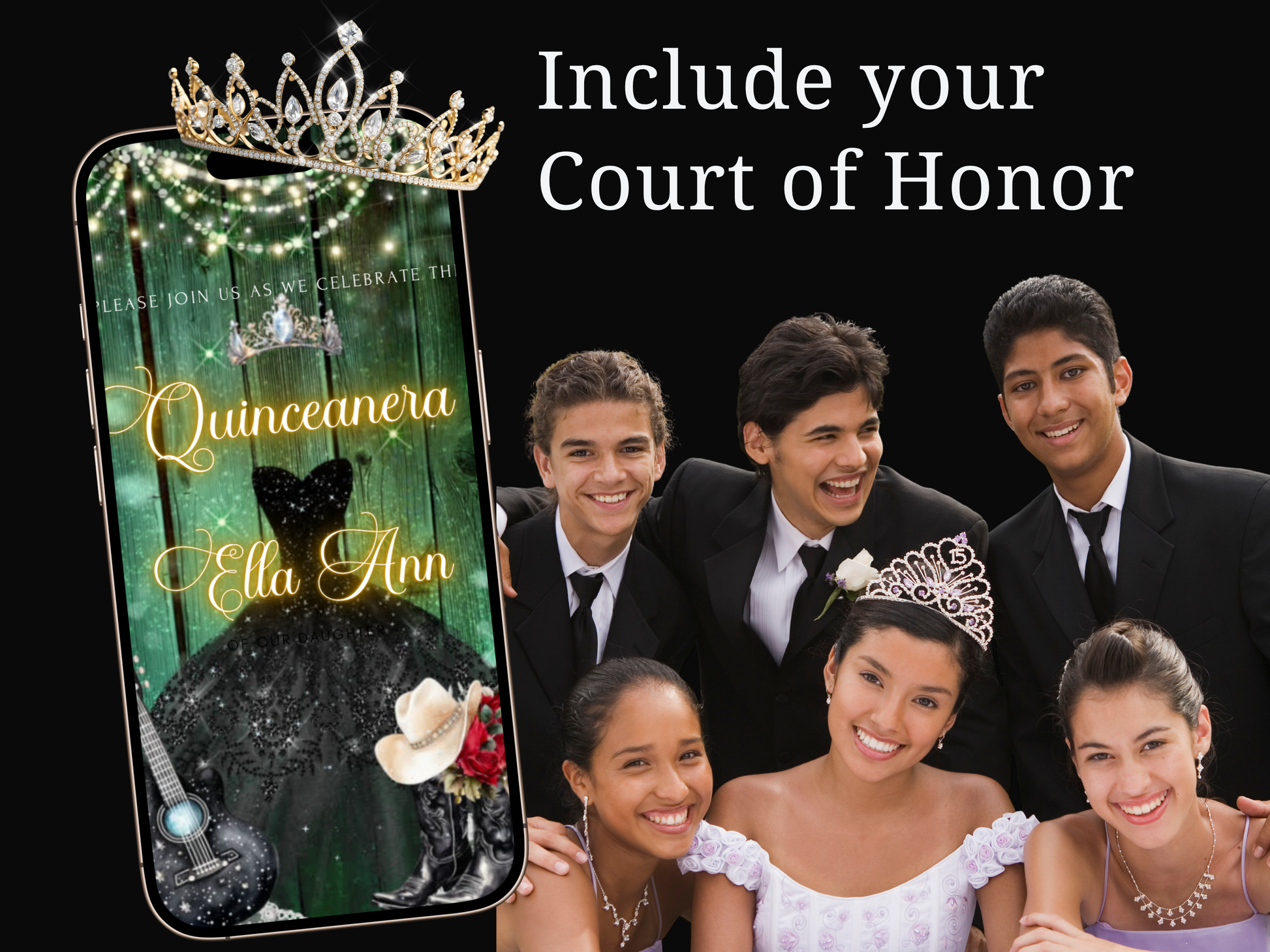 Editable Quinceañera Invitation Video Template – Elegant Sweet 15 with Black Gown, Rose Accents, Tiara and Green Barn Wood Background | Canva MP4 Digital Download for Mobile Sharing
