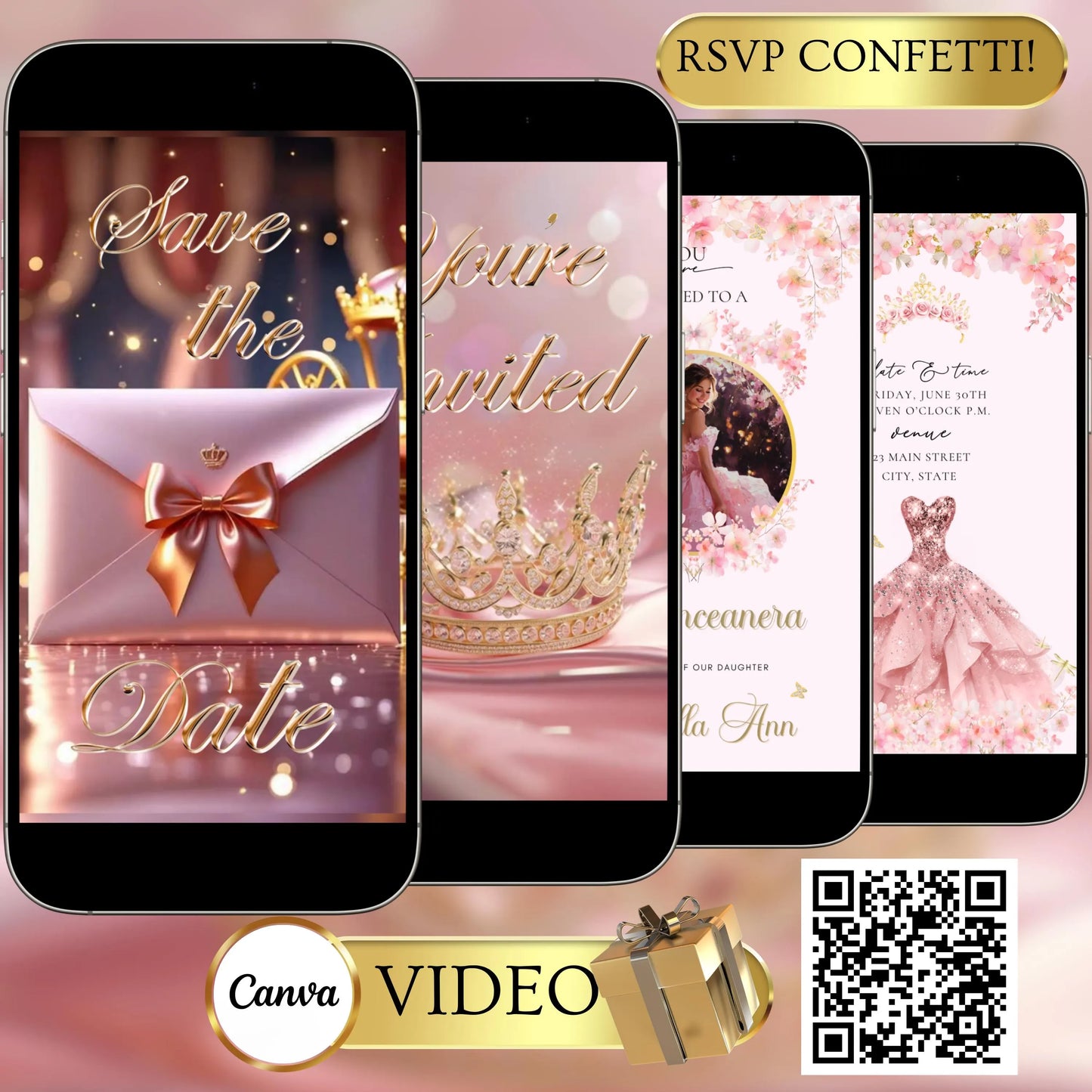 Pink Quinceanera Video Invitation | Animated Sweet 15 Digital Evite | Editable Canva Invite Template