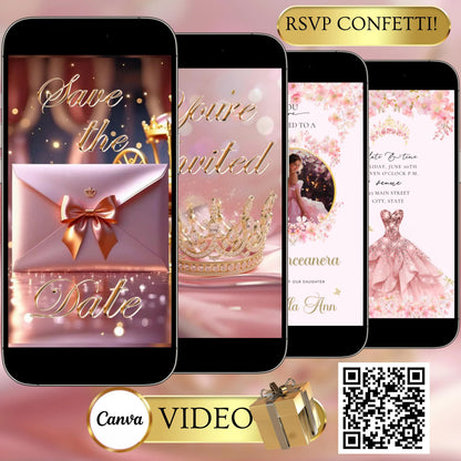 Pink Quinceanera Video Invitation | Animated Sweet 15 Digital Evite | Editable Canva Invite Template