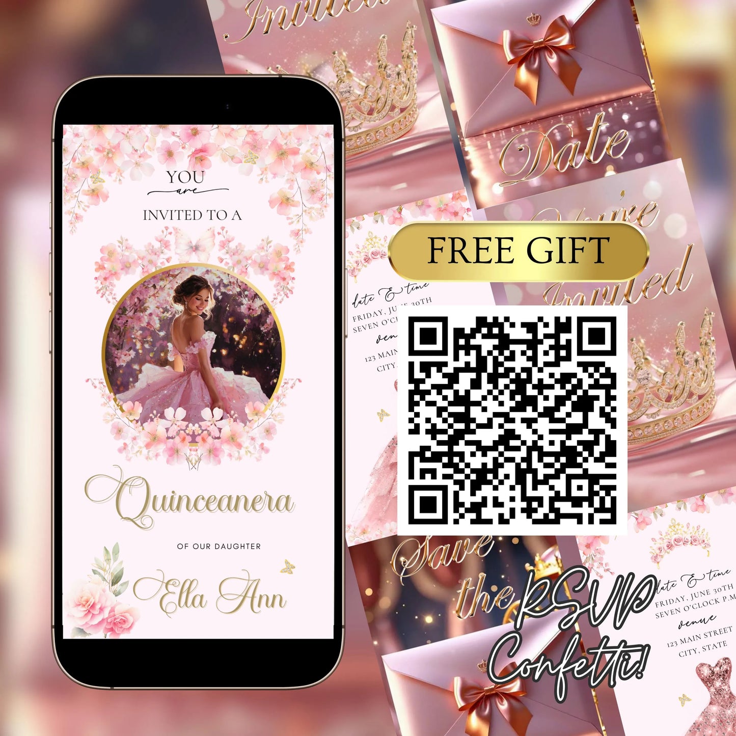 Pink Quinceanera Video Invitation | Animated Sweet 15 Digital Evite | Editable Canva Invite Template