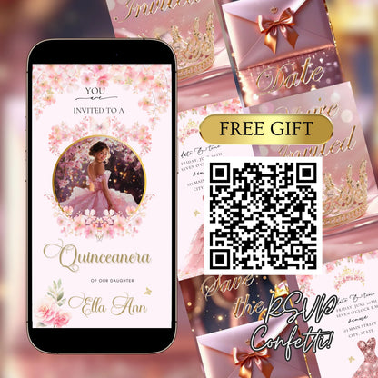 Pink Quinceanera Video Invitation | Animated Sweet 15 Digital Evite | Editable Canva Invite Template