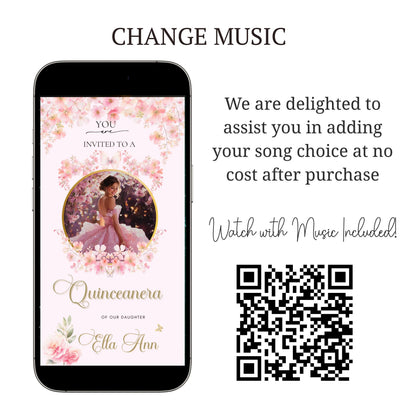 Pink Quinceanera Video Invitation | Animated Sweet 15 Digital Evite | Editable Canva Invite Template