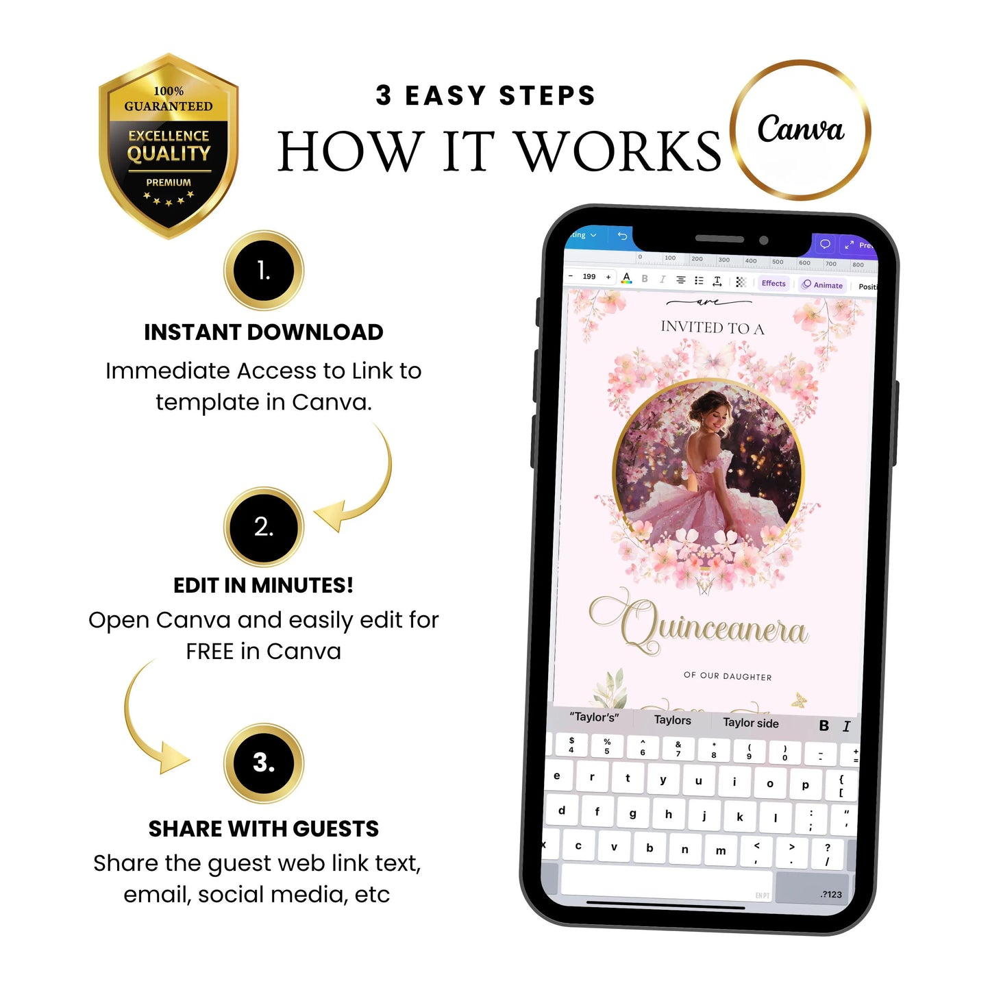 Pink Quinceanera Video Invitation | Animated Sweet 15 Digital Evite | Editable Canva Invite Template