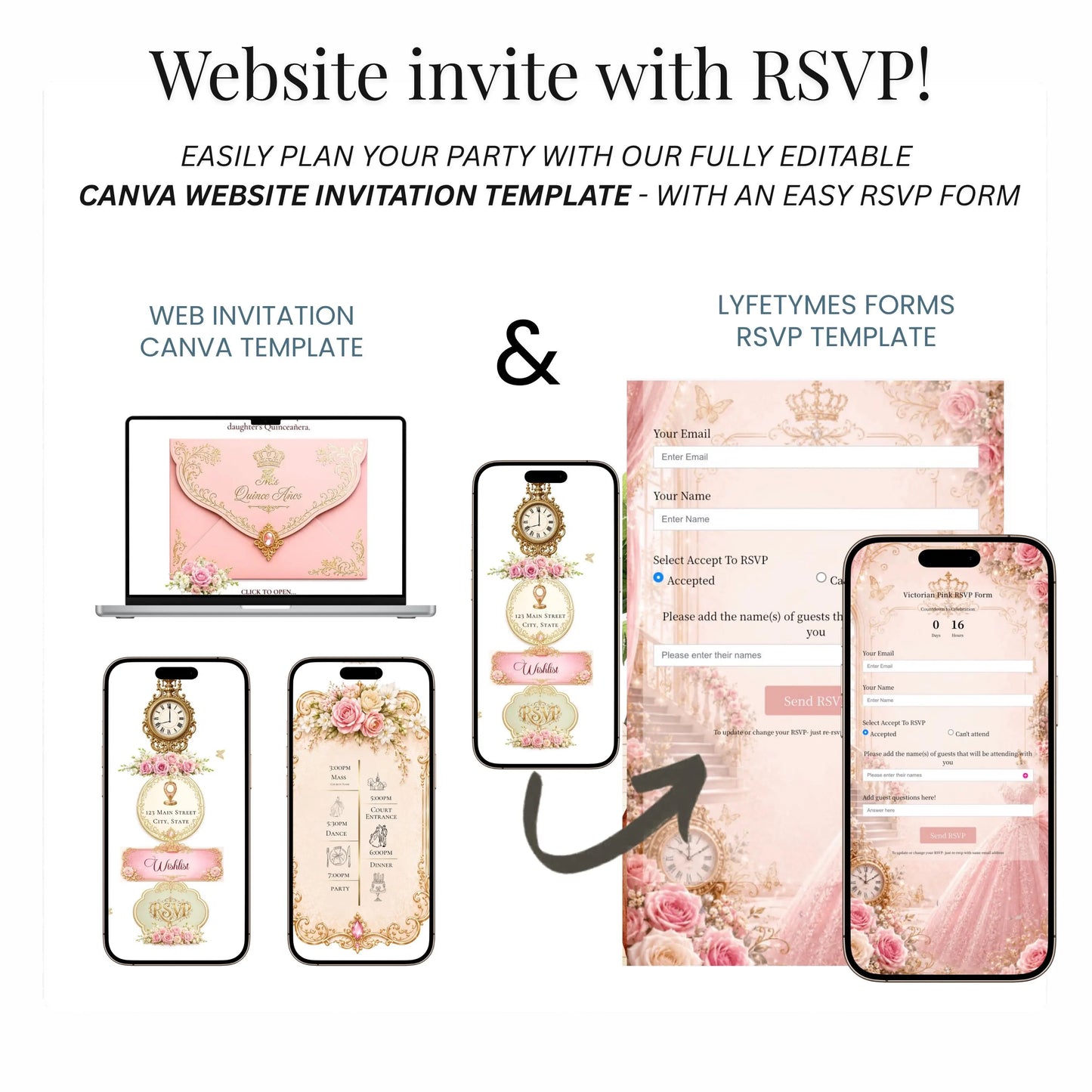 Pink Quinceañera Interactive Website Invitation