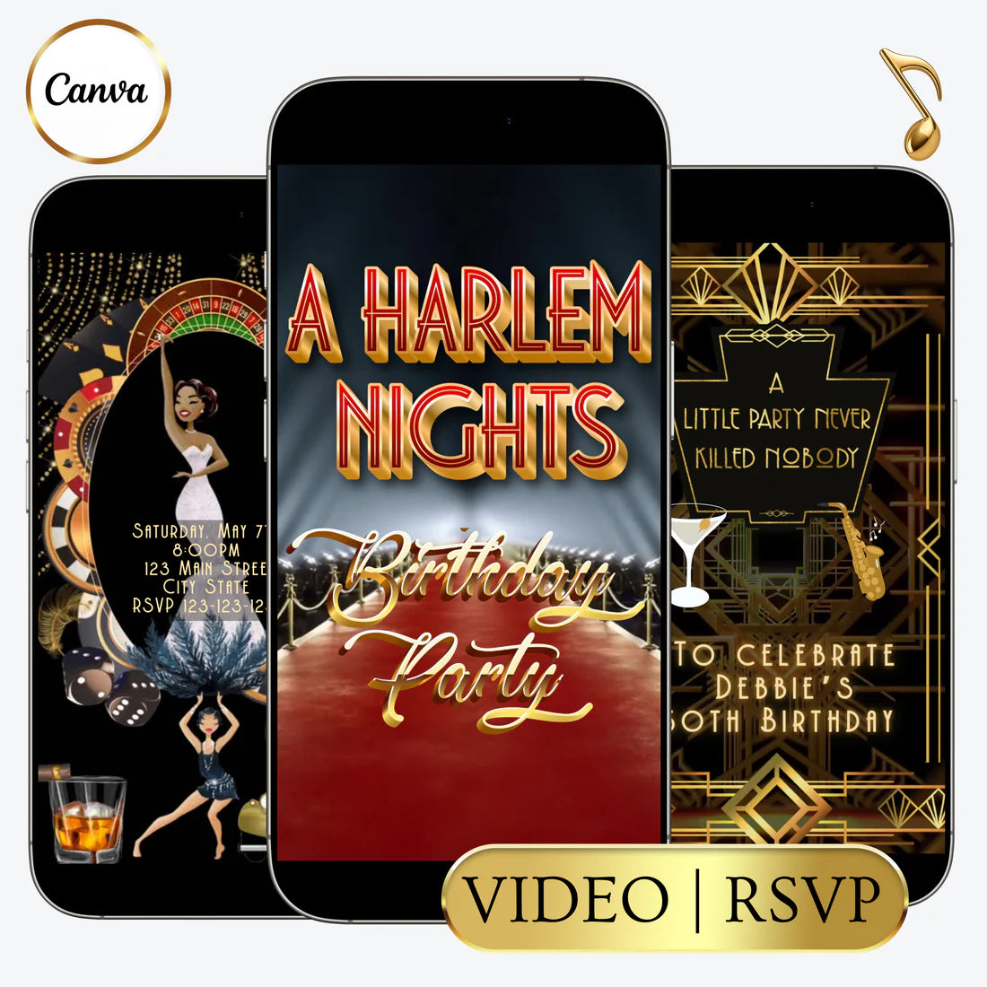 Harlem Nights for Her Video Invitation Template | Editable Canva Video Invite