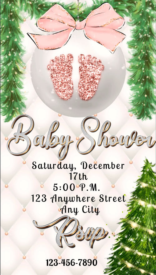 Girl Baby Shower Christmas Party Video Invitation – Editable Baby Girl Pink Ornaments Evite