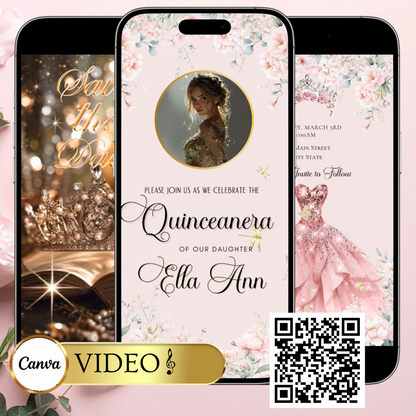 Pink Quinceañera Video Invitation Canva Template