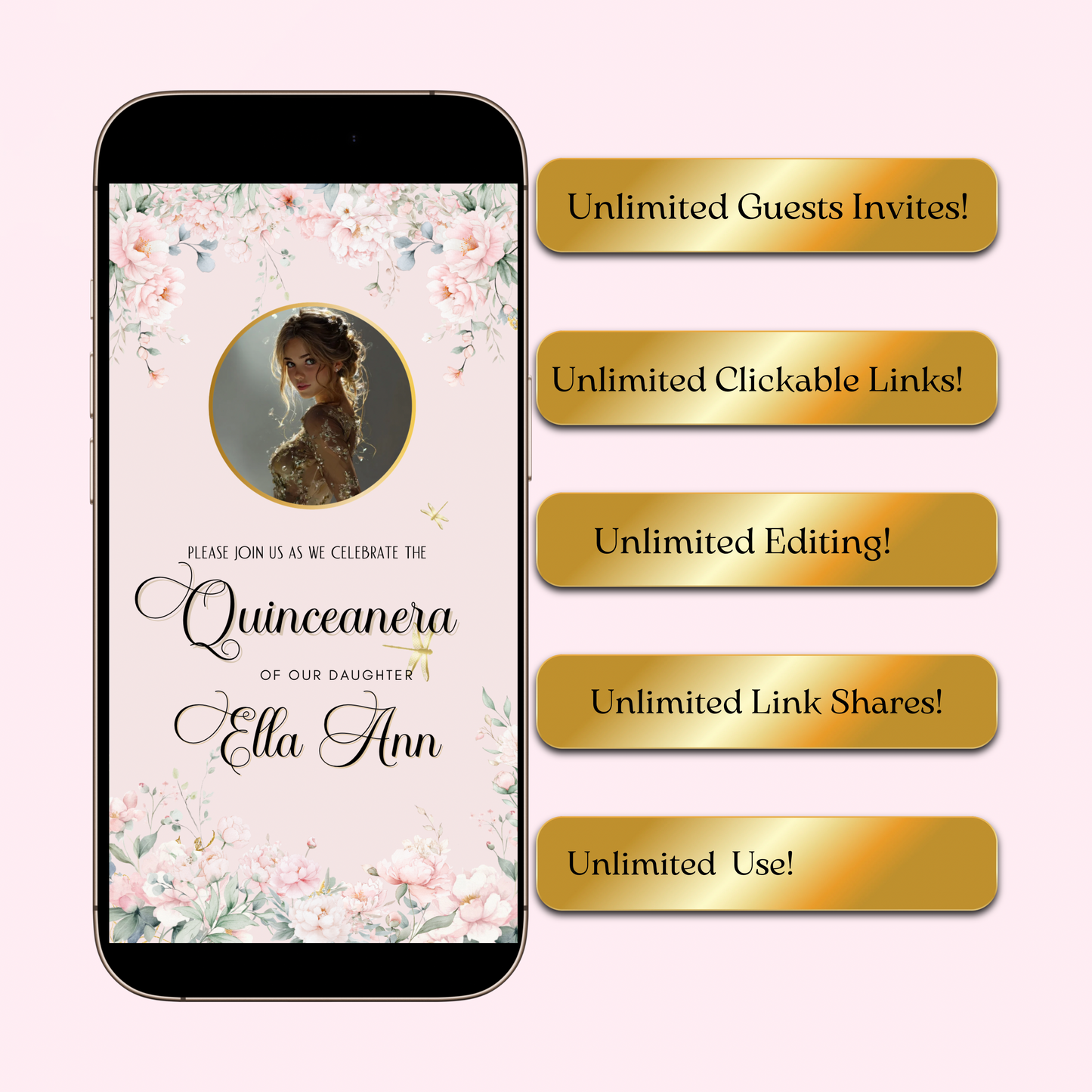 Pink Quinceañera Video Invitation Canva Template